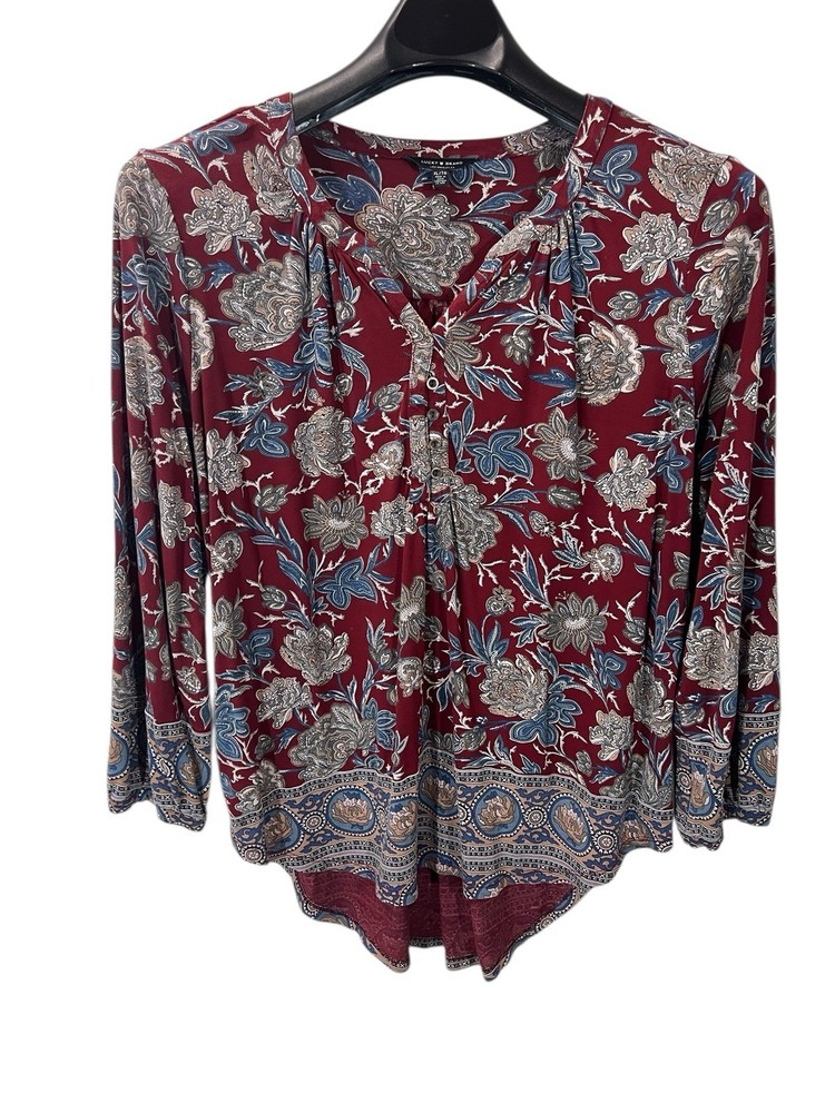 LUCKY BRAND Floral Print V-Neck Shirt Womens Large burgundy XLong Sleeve Boho
