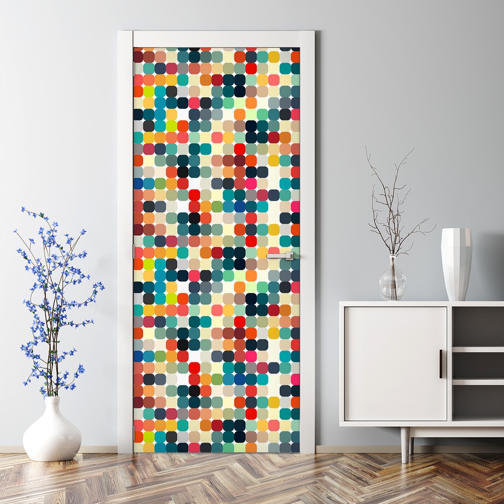 Abstract geometric retro design self-adhesive pink blue and yellow Door Decal