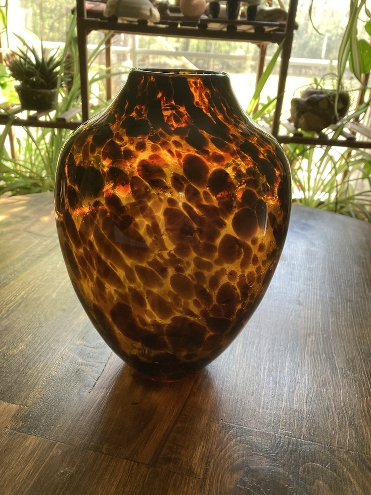Vintage Tortoise Shell Art Glass Vase 9”