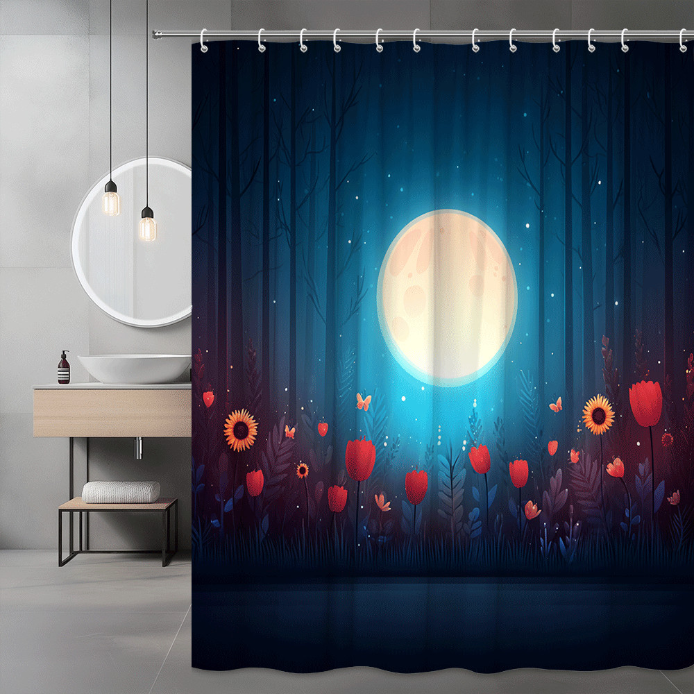 Moonlit Forest Floral Shower Curtain, Blue Night Sky Design