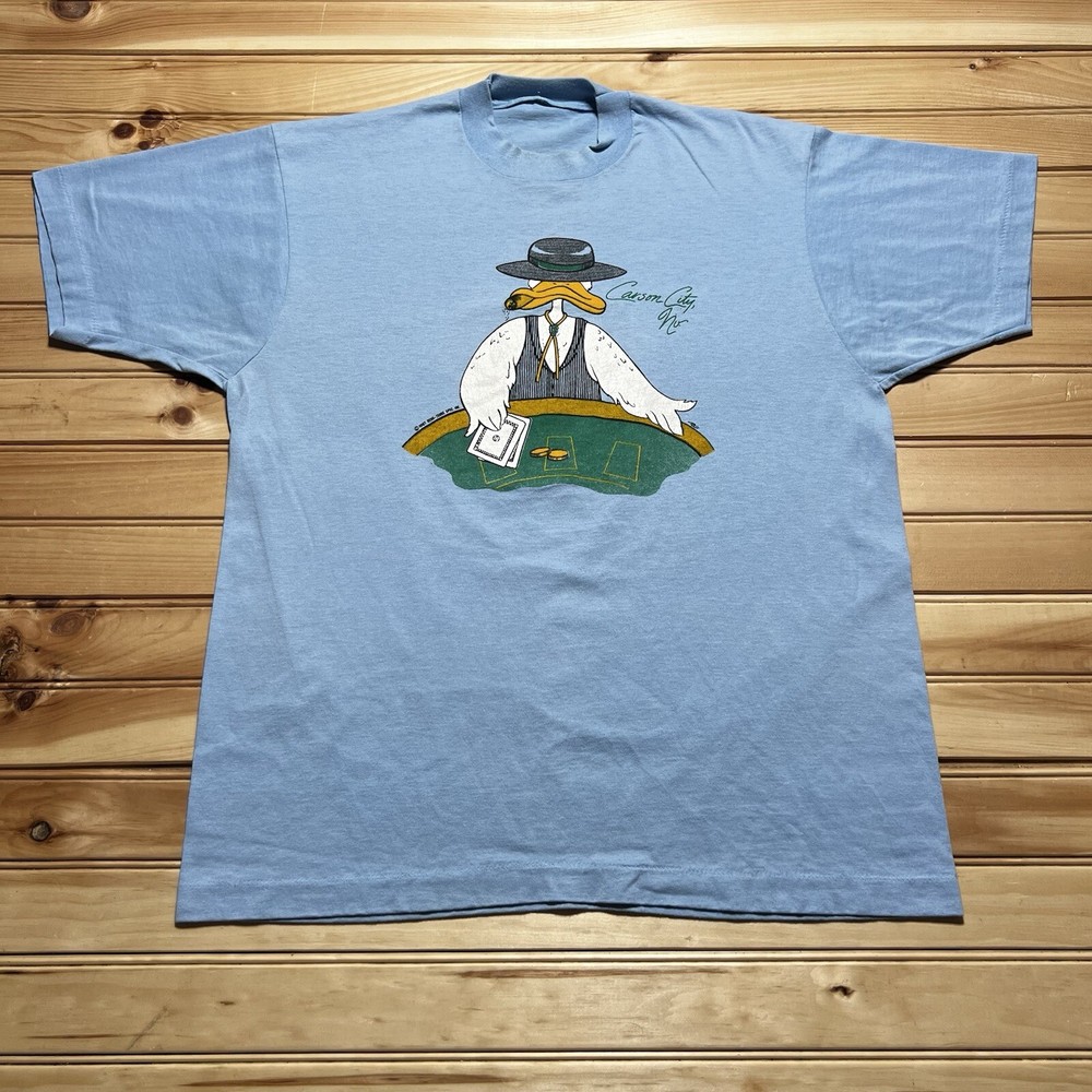 Vintage 80s Casino Gambling Dealer Duck Double Sided Reno Cartoon Shirt Large