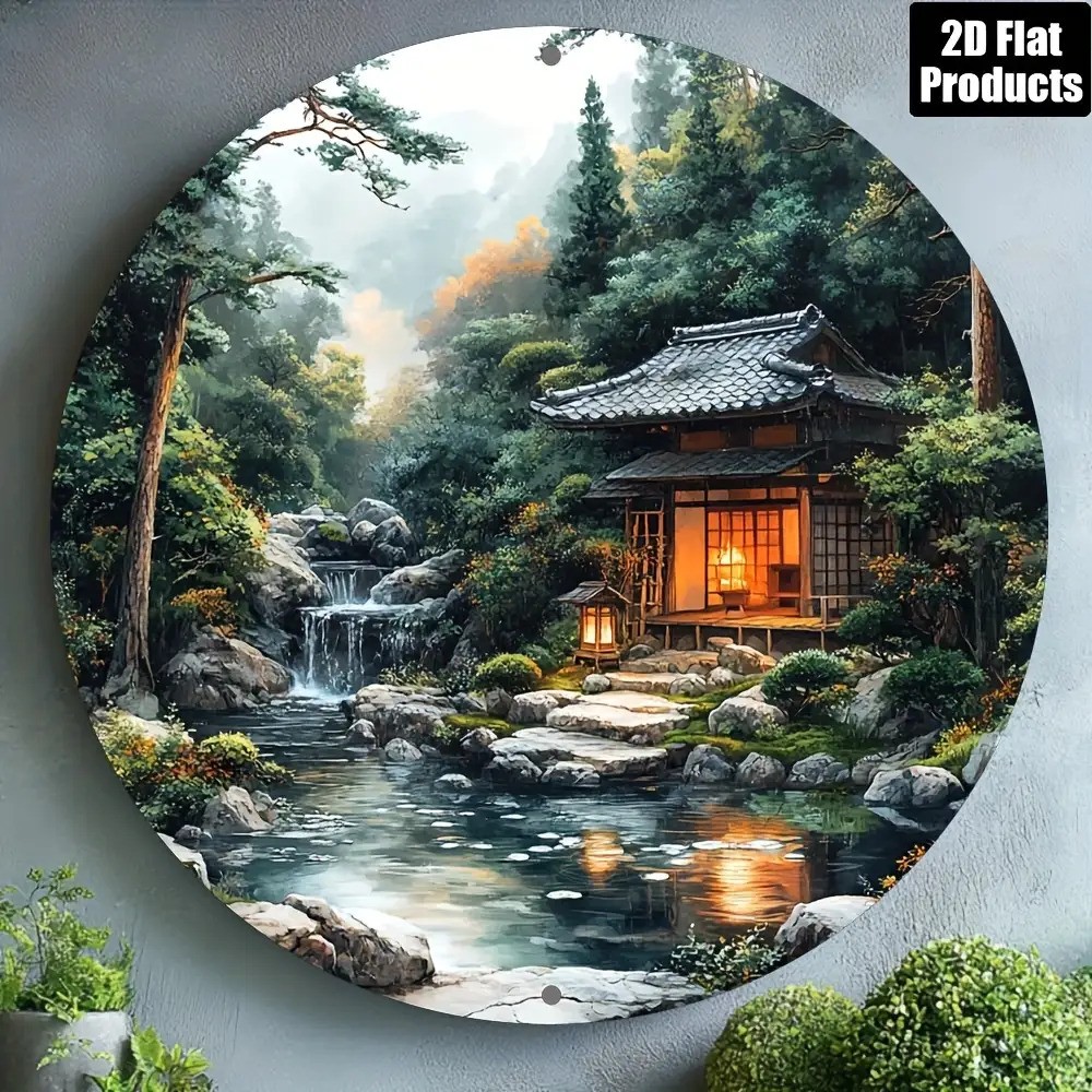8x8 Inch Japanese Zen Garden Waterfall Scene Round Wall Art