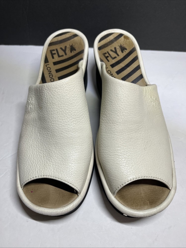 Fly London Women's Slip On Wedge White Sandals Comfort Leather Size 38