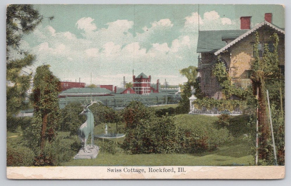 Swiss Cottage Rockford Illinois Postcard Deer Statue Garden Train 1907-1915