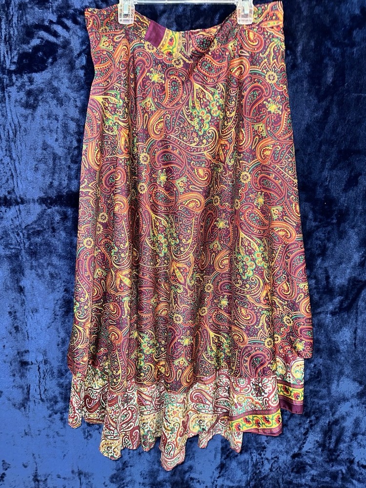 Vintage 100% Silk Layered Wrap Skirt Made in India Boho Paisley Maxi One Size