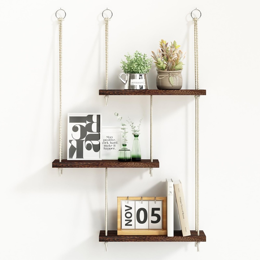 Hanging Shelves for Wall 3 Tier Boho Wall Decor Hanging Plant Shelf Floating...
