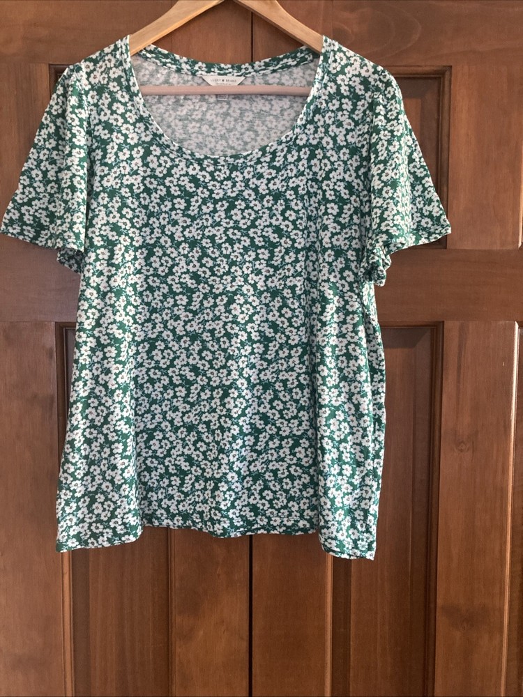 Lucky Brand Women's Sz Large Top/ T-Shirt Short Sleeve Green White Floral Print