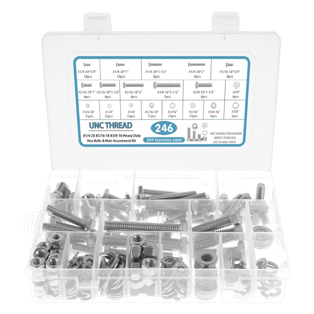 246Pcs Hex Head Nuts and Bolts Assortment Kit Stainless Steel Bolts``