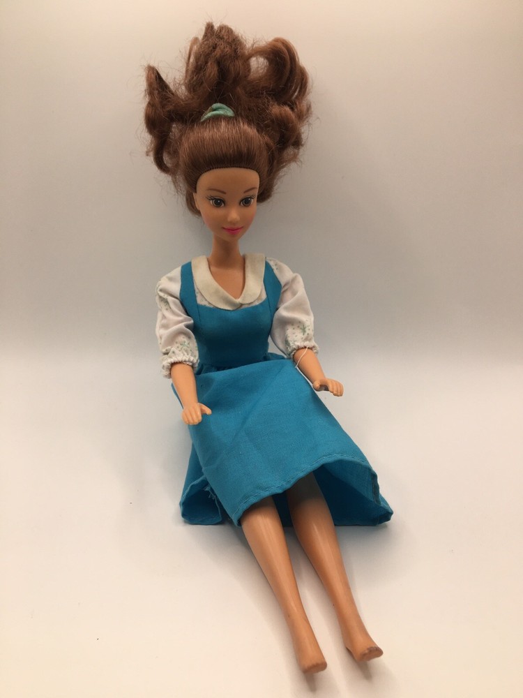 Vtg 90s Mattel Disney Beauty And The Beast Belle Doll Brunette + Blue Dress