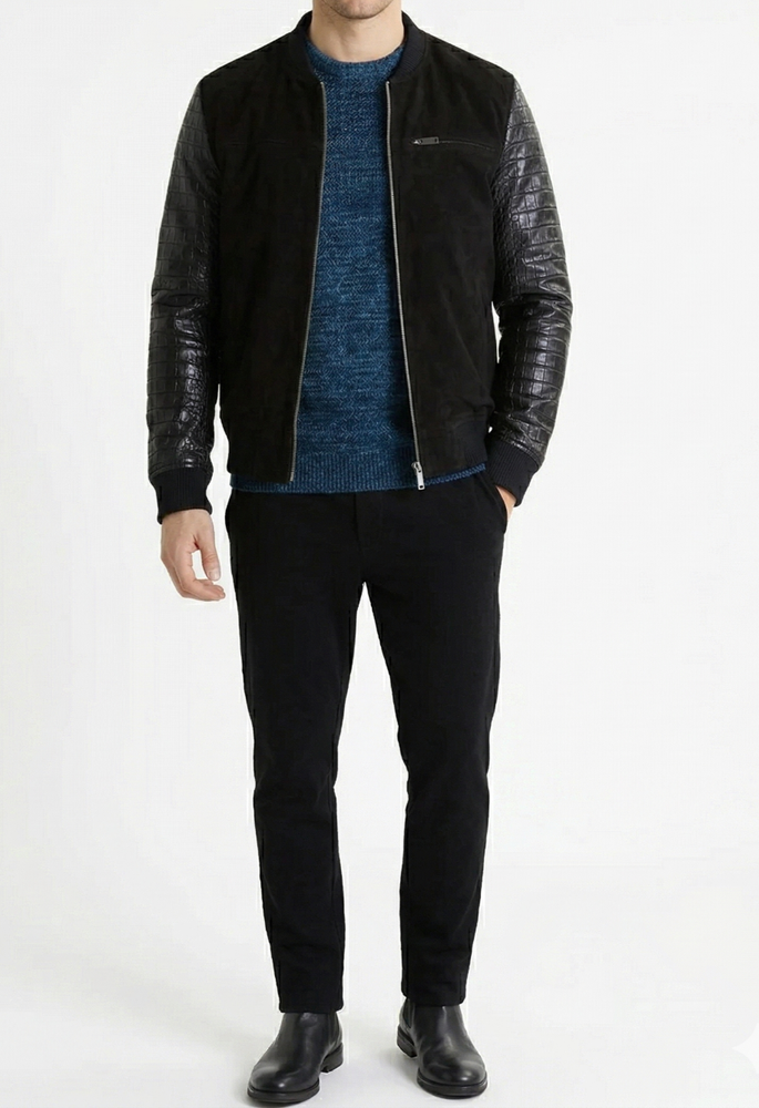 Men’s Black Real Leather Jacket Crocodile Embossed Sleeves Suede Bomber Jacket