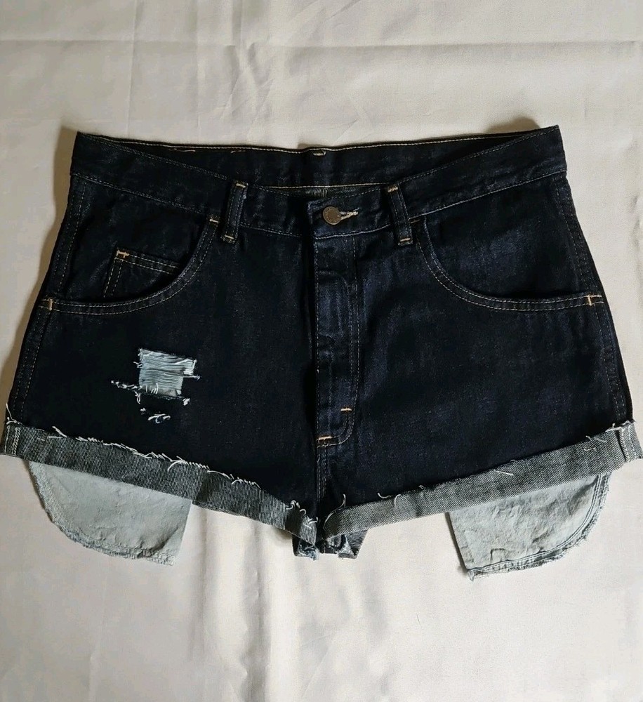 Wrangler Womens Denim Booty Shorts Dark Blue Jeans Frayed Cut Off Sz 32