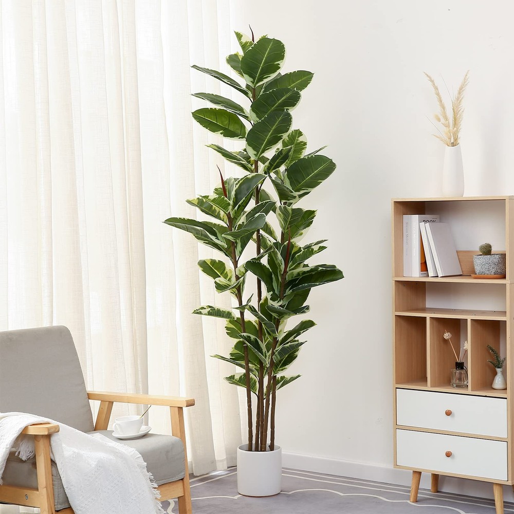 6ft Artificial Rubber Tree Plant Potted Faux Ficus Tropical Decor