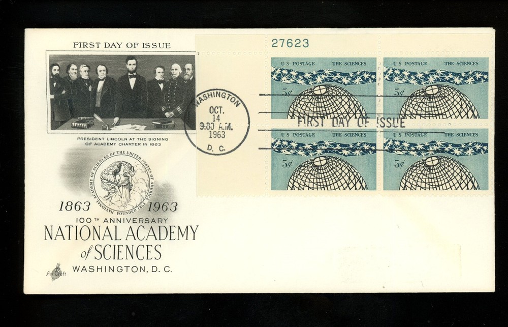 1963 US FDC Artcraft M-3 National Academy of Sciences Plate Block-image