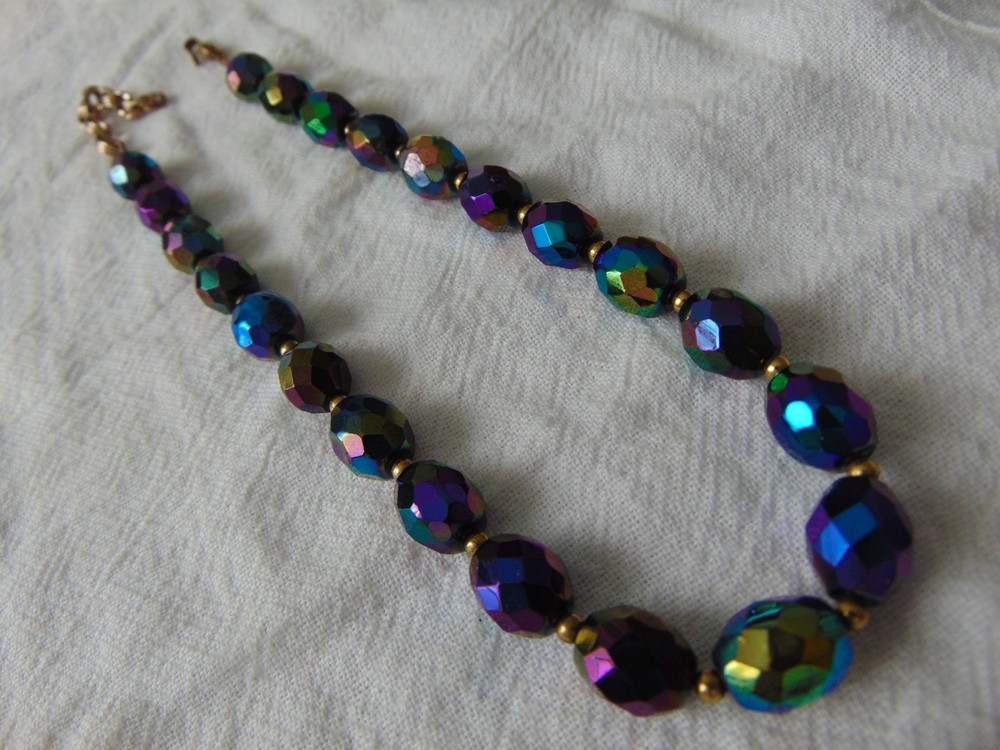 vintage Peacock ab FACETED CRYSTAL BEADS SPACERS NECKLACE