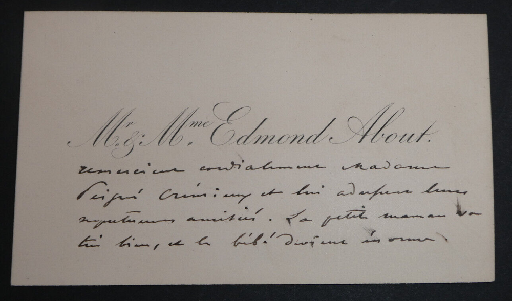 Mr and Mrs Edmond ABOUT, Writer - BUSINESS CARD AUTOGRAPH to Mrs CREMIEUX
