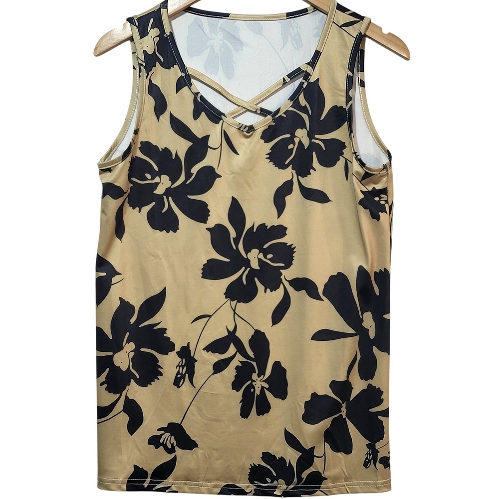 Women Tan Black Floral Crisscross V-Neck Tank Top 720-YH0009 Size M