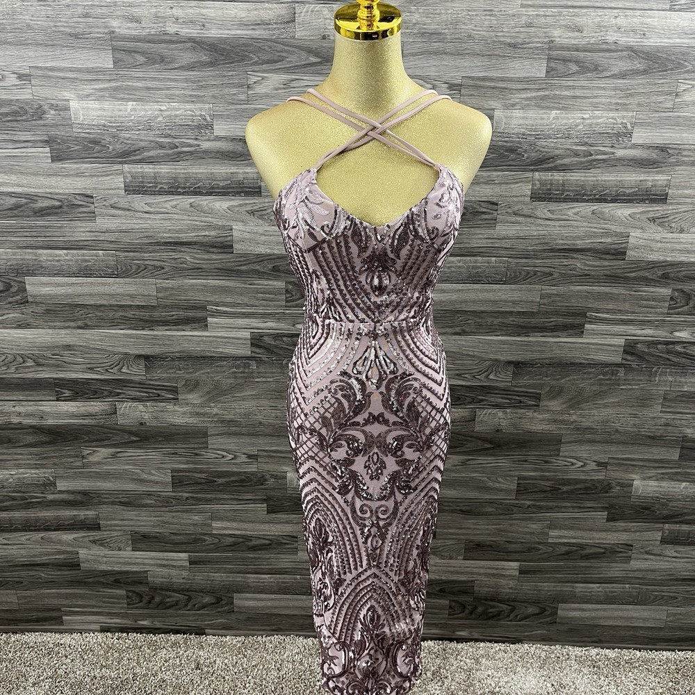 Windsor Blush Pink Sequin Bodycon Midi Dress Women’s Size S Crisscross Strappy