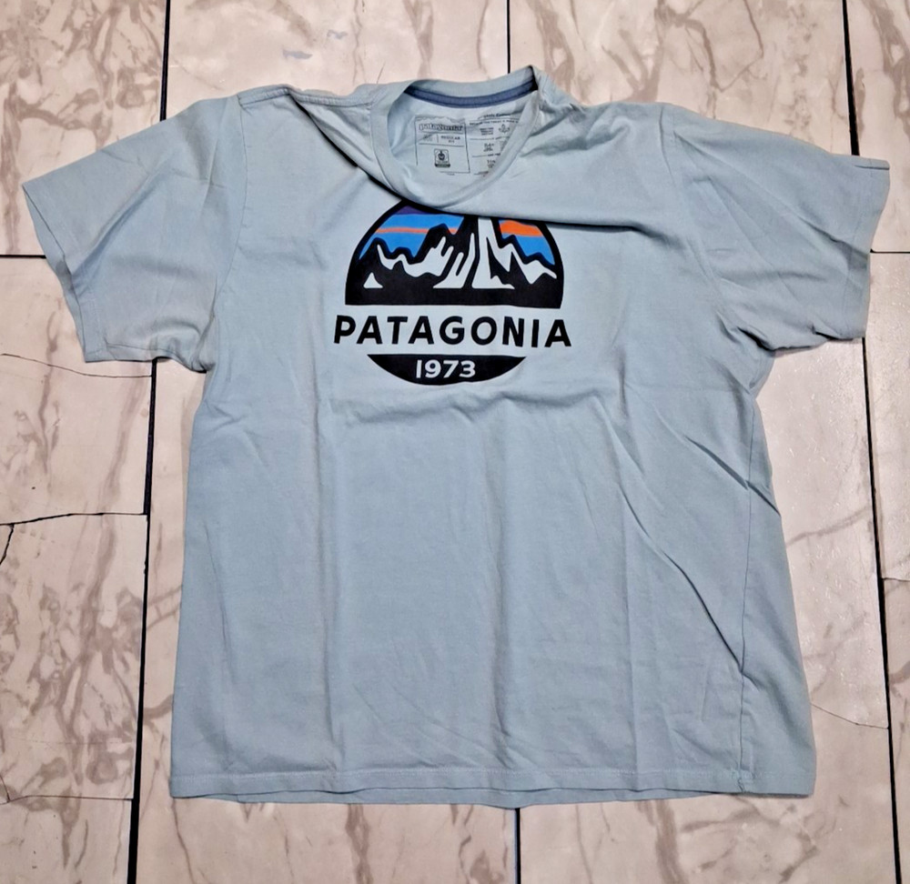 Patagonia Shirt Big Logo T-Shirt Blue Men's Medium Regular Fit Organic Cotton