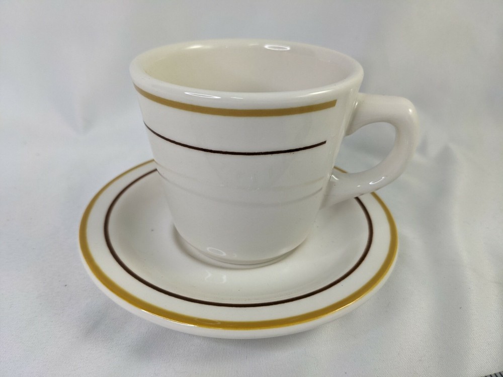Buffalo China Restaurant Ware Coffee Cup Saucer Set Tan Brown Stripe