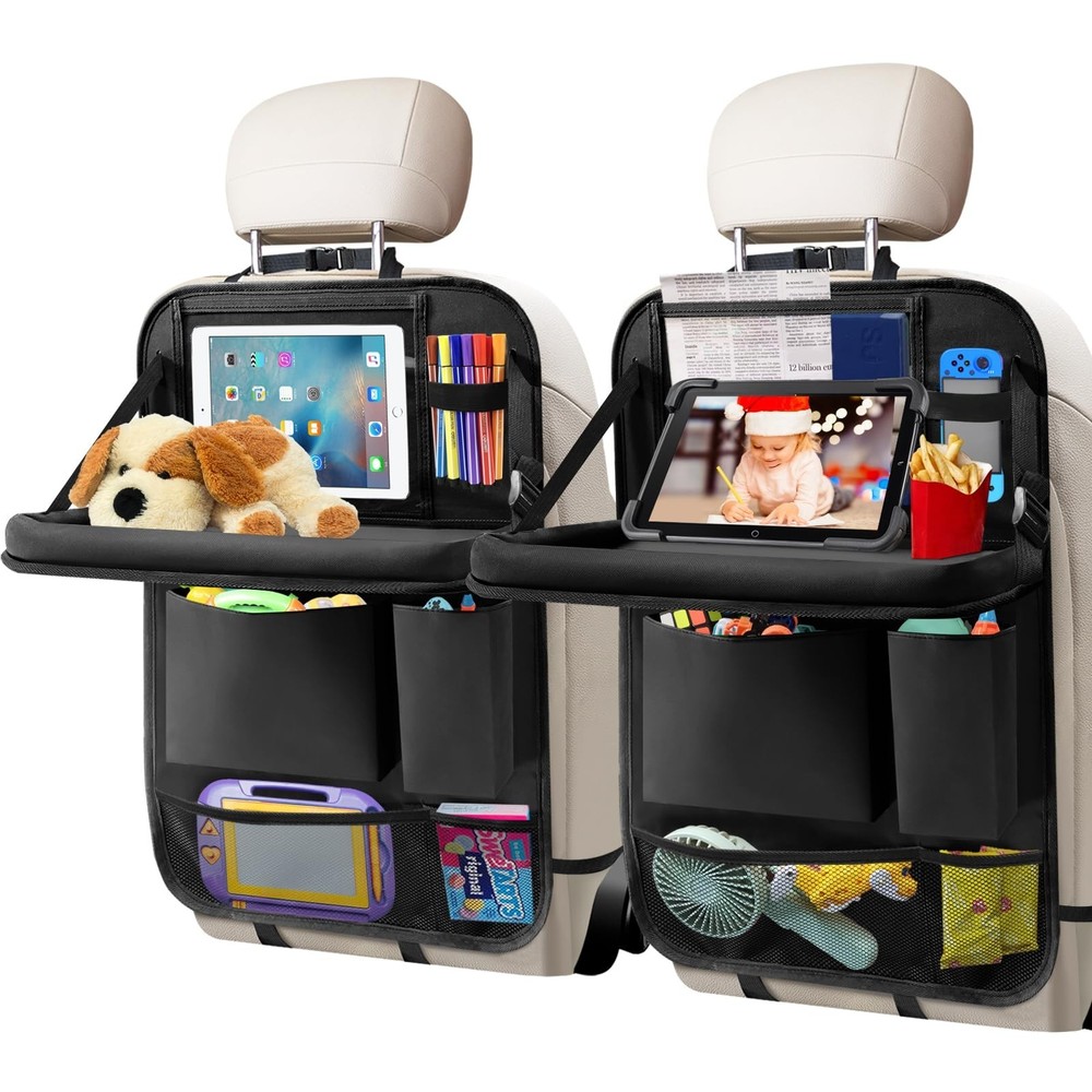 Car Backseat Organizer with Tablet Holder and 6 Storage Pockets – Foldable Table for Road Trips