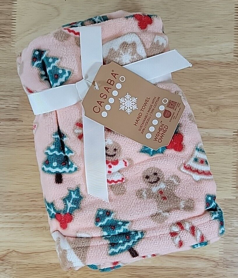 Casaba Christmas Gingerbread Cookies Hand Towels Set of 2 Pink