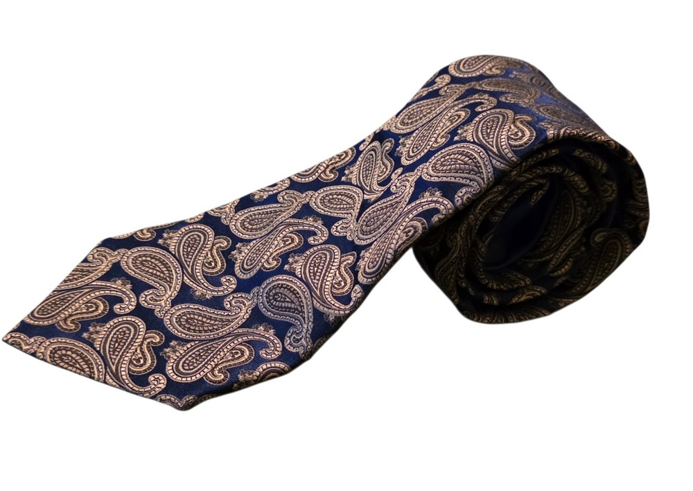 Tommy Hilfiger Men's Paisley Tie 100% Silk Made In USA Blue, Gold/light Tan
