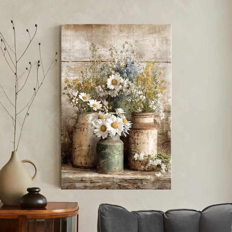 Rustic Wildflower Canvas Wall Art Vintage Farmhouse Daisy Floral Decor