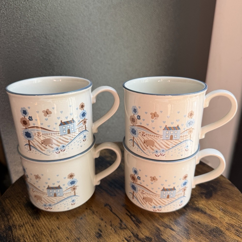 Hearthside Museum Collection Primitif Stoneware Mugs Set of 4 Blue House Japan
