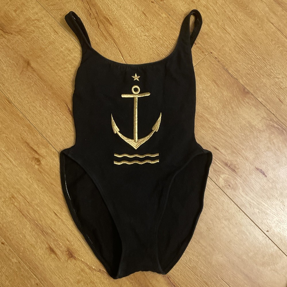 Vintage 80s 90s La Blanca One Piece Swimsuit Navy Blue Gold Accents High Thigh
