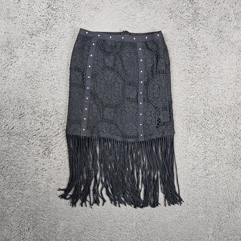 IDYLLWIND Black Crochet Fringe Midi Skirt XS TP Studded Festival Boho