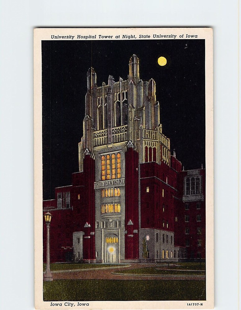 Postcard University Hospital Tower At Night State University Of Iowa Iowa City