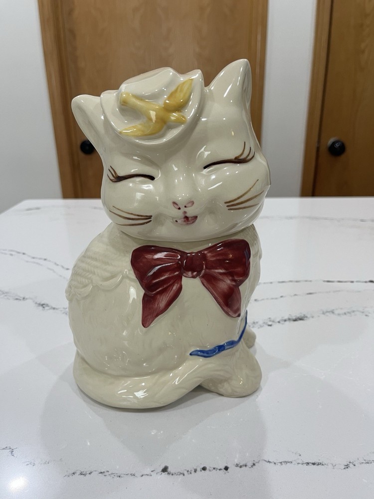 Vintage Shawnee Pottery Puss n Boots USA Cat Cookie Jar 10” White Kitten w Bow