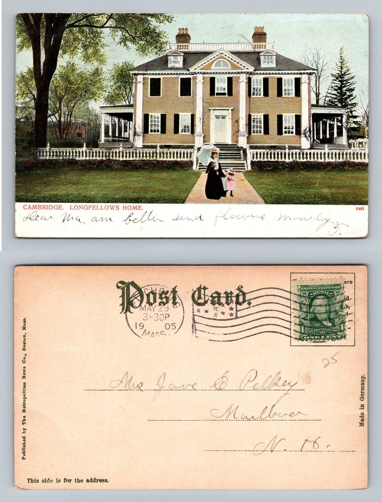 Cambridge, MA-Massachusetts, Longfellow Home Historic Vintage c1905 Postcard