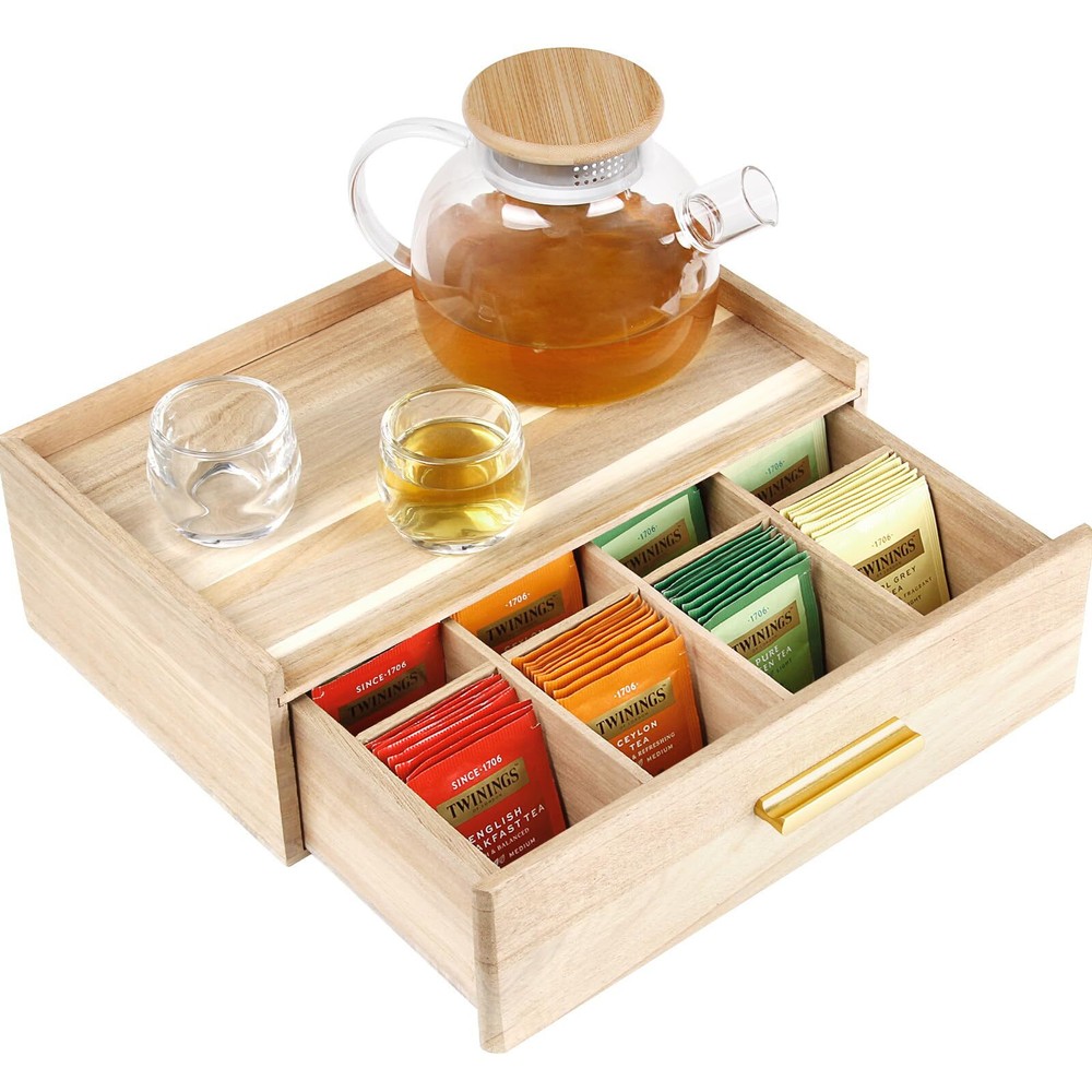 Acacia Wood Tea Bag Organizer,Tea Box Organizer Storage Drawer, 8 Compartment...-image