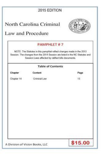 North Carolina Criminal Law and Procedure-pamphlet 7, Paperback by Rivers, To...
