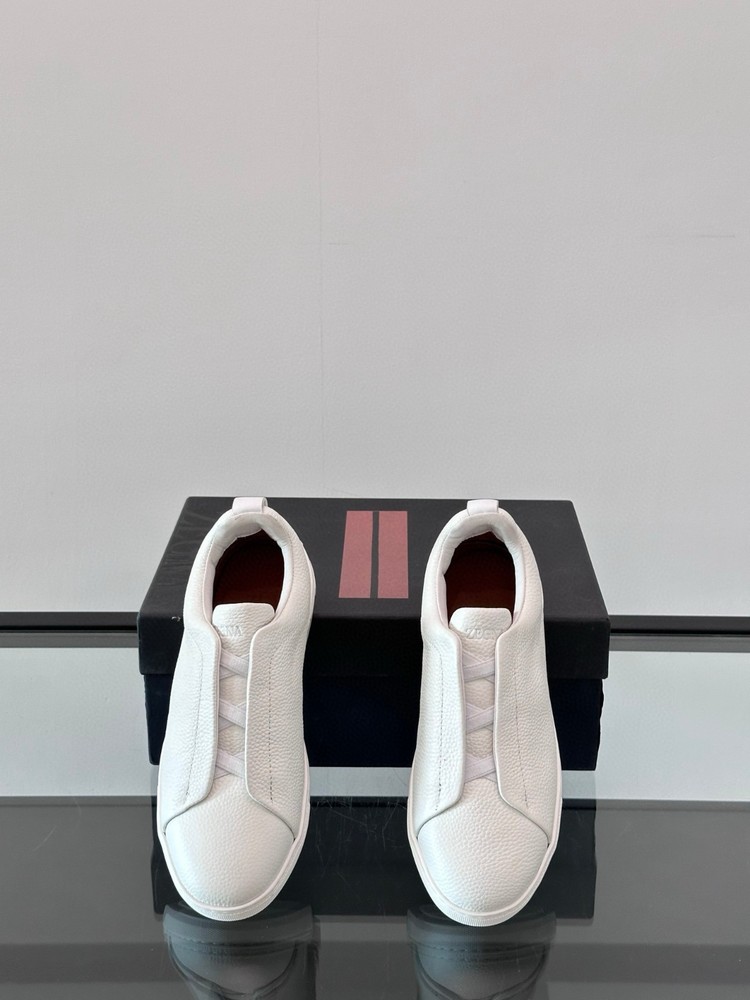 ZEGNA Triple Stitch White Grained Leather Sneakers Full Sizes