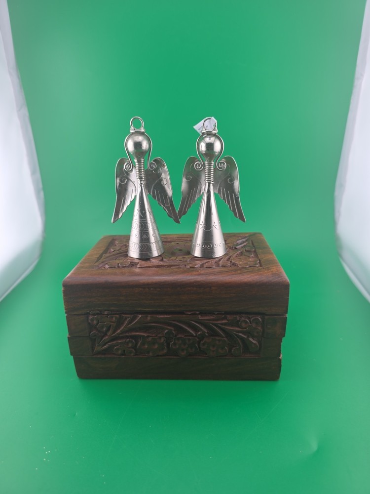 2 Vtg Crate And Barrel Christmas Angel Bell Silvertone Metal Ornaments 3' 3/4 T