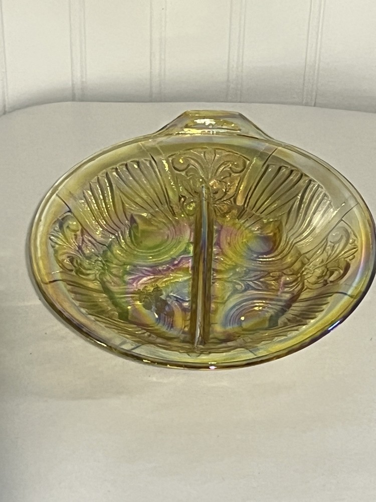 Vintage Amber Carnival Glass Divided Candy Dish iridescent Indiana Glass Footed