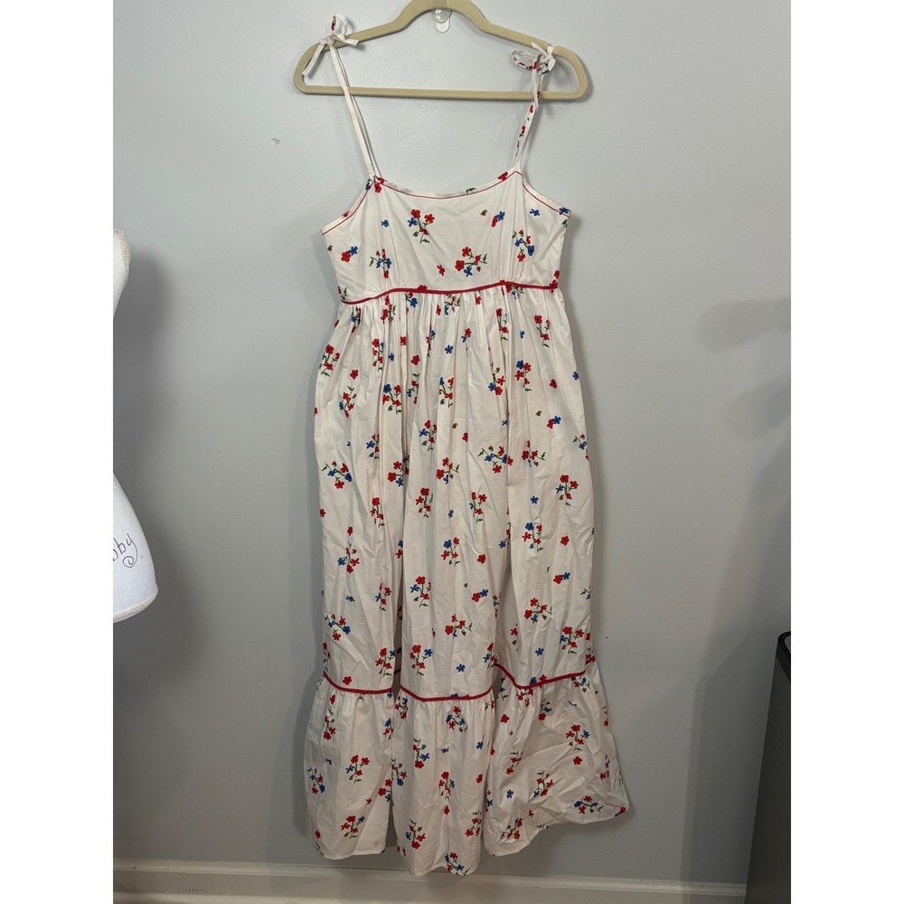 Olivia James Floral Midi Dress Tie Strap Cottagecore Smocked White Red Blue M