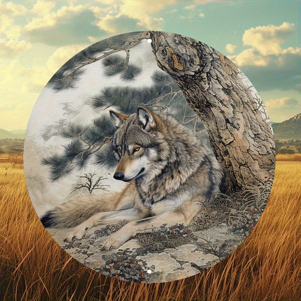 Wolf and Tree Metal Wall Art Aluminum Classic Style Decor