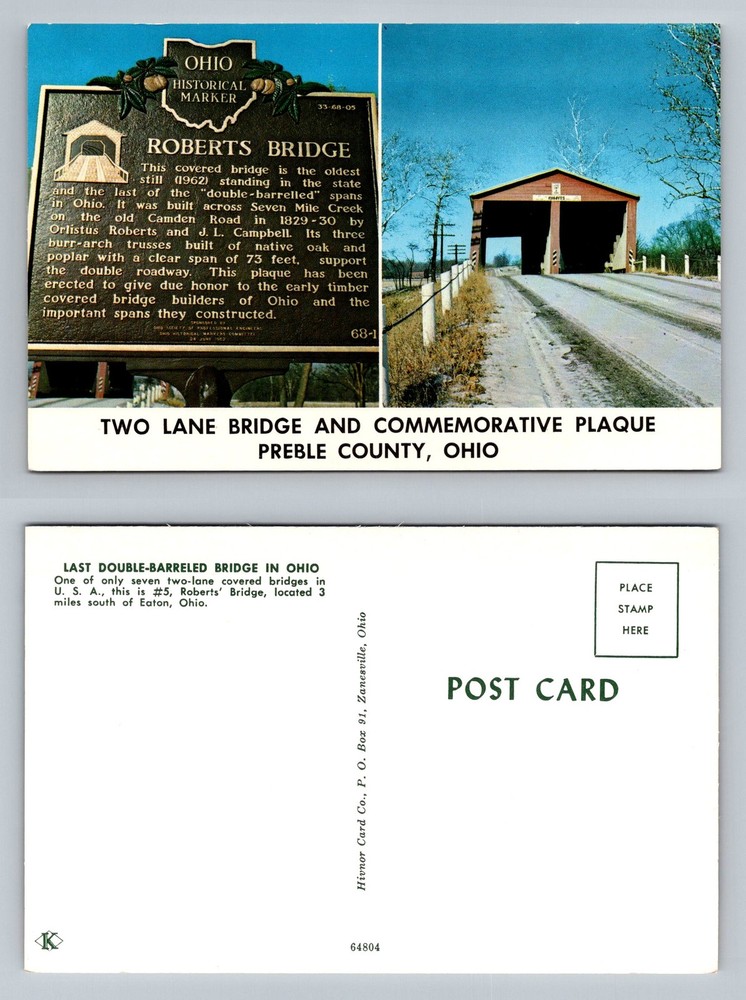 Eaton, OH-Ohio, Roberts Covered Two Lane Bridge & Plaque Vintage Postcard