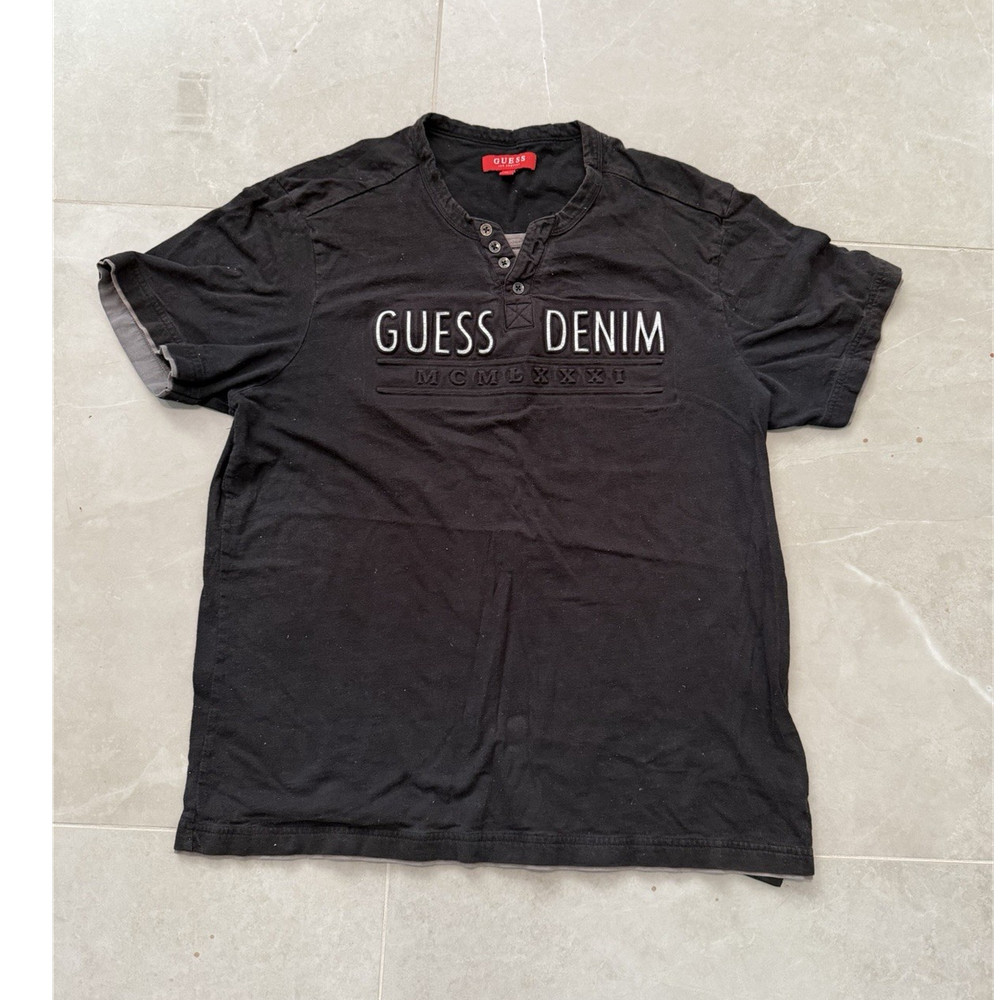 GUESS Men's Black Graphic Logo Henley Button Short Sleeve T-Shirt XL