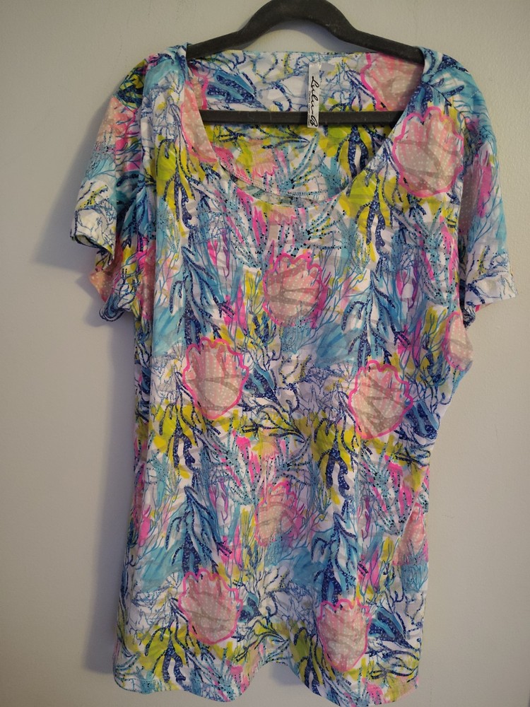 Lulu B UPF 50 Tropical Floral Top Women's Size S Pink Cooling Resort BeachPit to pit 18 inches