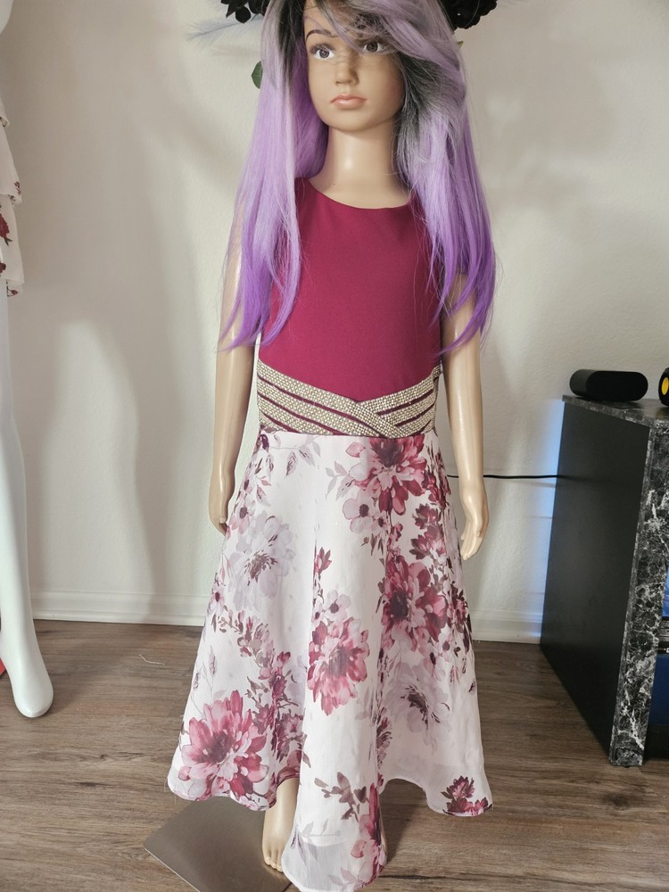 Rare Editions Girls A-Line Burgundy Floral Dress Sleeveless Knee Length 10
