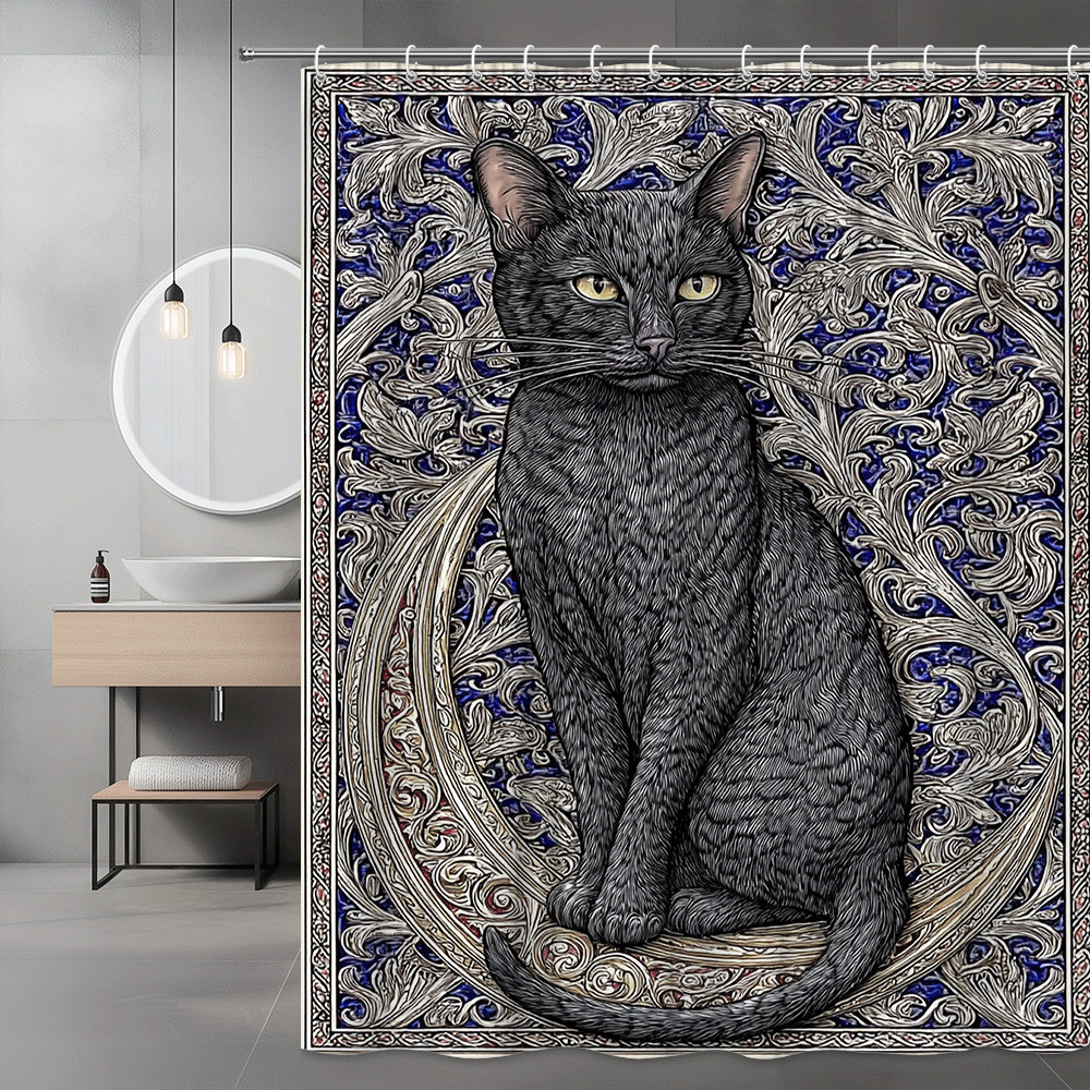 Black Cat Shower Curtain Floral Scroll Art Print