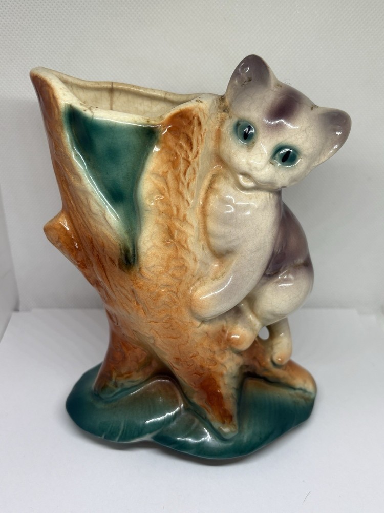 Royal Copley Cat Planter Vase Kitten Tree Ceramic Pen Holder Mid Century Vtg 6