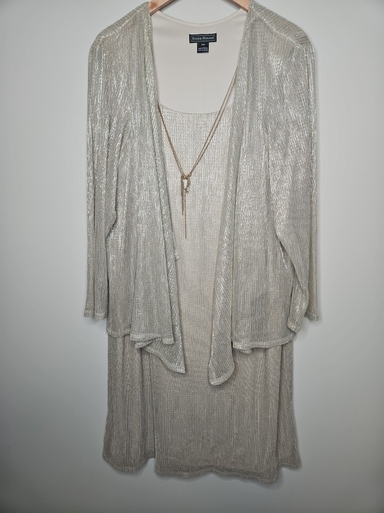 Jessica Howard Dress 24W Silver Metallic Jacket Necklace Chic Wedding Modest 2pc