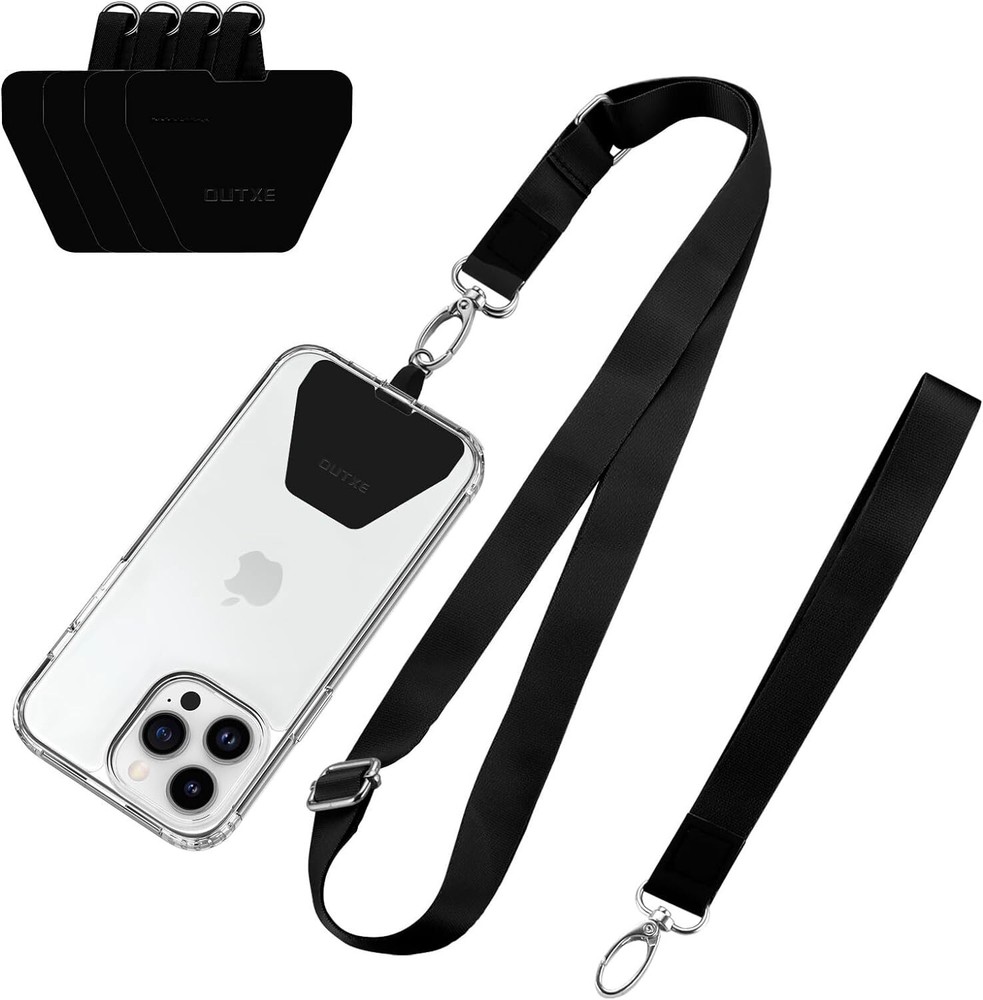 OUTXE 4-Pad Phone Lanyard with Adjustable Neck Strap and Wrist Loop in Black