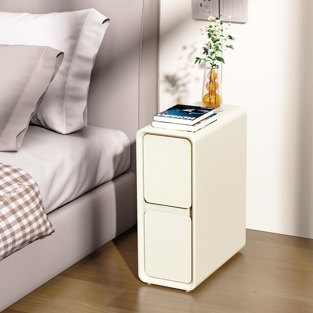 Modern Narrow Faux Leather Nightstand, Solid Wood Drawer, Storage Accent Tabl...