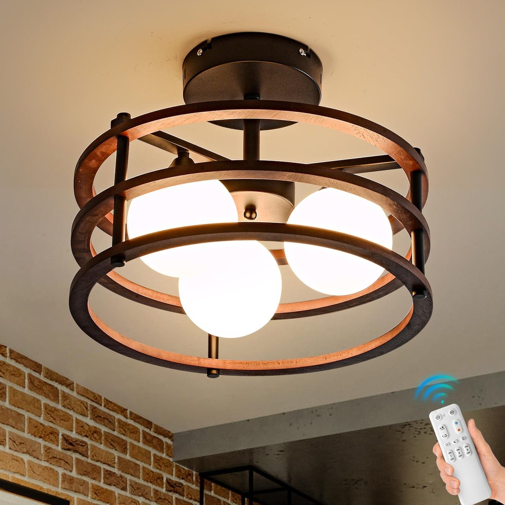 34.4 Inch Rustic Wood LED Ceiling Light with Remote Control and Dimmable 3-Light Design